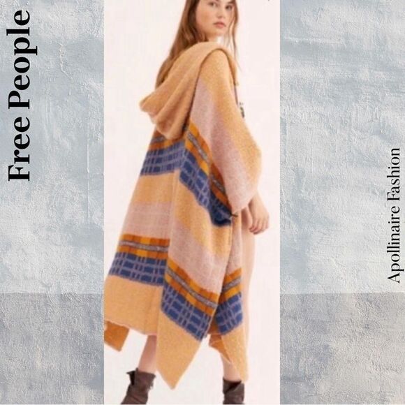 FREE PEOPLE MERCER HOODED KIMONO IN TAN BLUE OS NEW - Picture 4 of 10